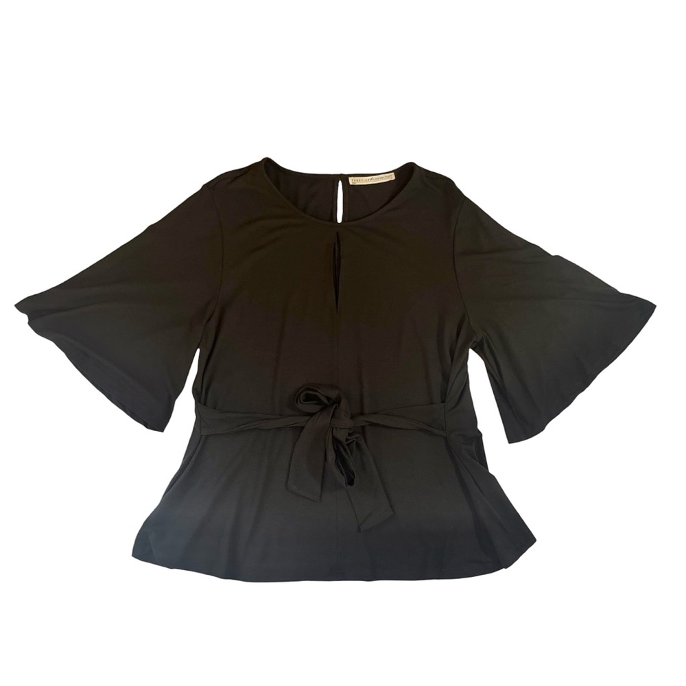 Peruvian Connection Black Keyhole Top Tie Waist Flutter Sleeve Stretch Blouse M - Picture 7 of 14